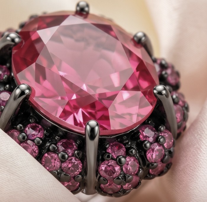 Bella Rosa Genuine 4.5 CARAT Star Ruby rhodium over .925 Sterling Silver Statement Ring size 8 - Close-up of Bella Rosa 4.5 carat star ruby ring with black rhodium setting