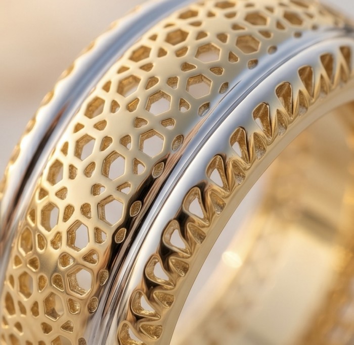 Secret code Precious Natural two tones 18K Gold over .925 Sterling Silver ring size 7 - Close-up of patterned two-tone 18K gold band with intricate details