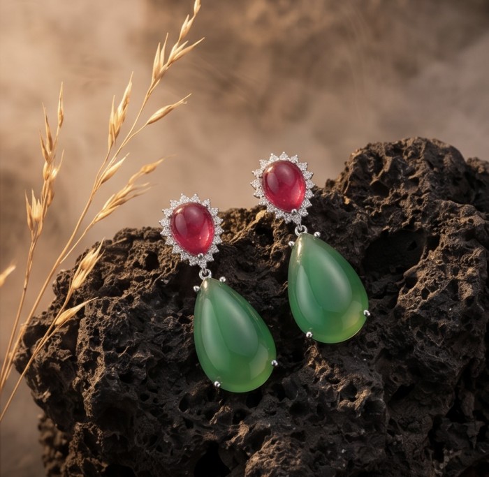 Valentina 28.2 carat Ruby Emerald Sapphire .925 Sterling Silver dipped in rhodium Statement handcrafted earrings - Ruby and emerald earrings on textured rock background, front view.