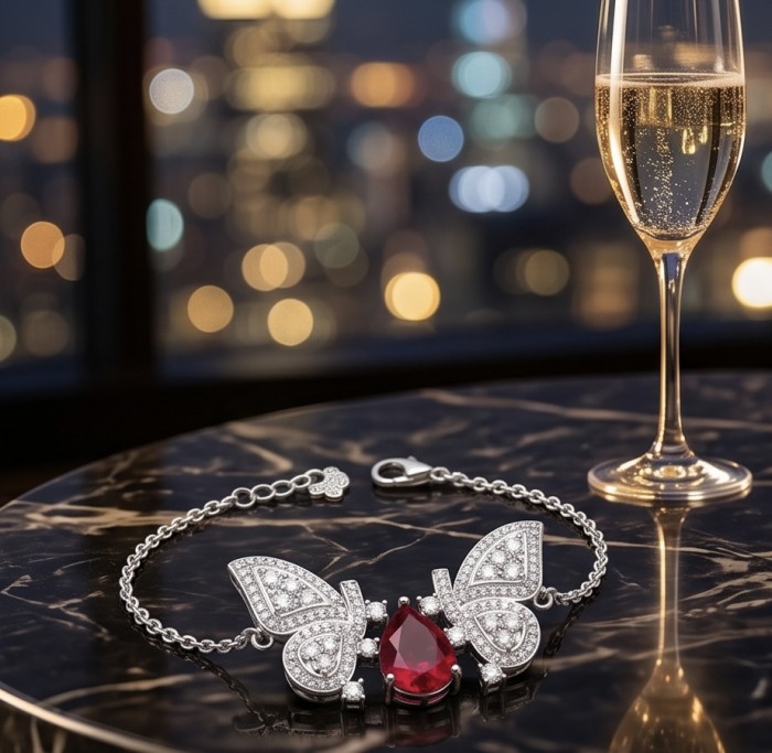 Giovanna - Magnificent Jewel 5.2 carat Ruby .925 Sterling Silver handcrafted incredible Statement Bracelet - Ruby bracelet on marble table with champagne glass, evening backdrop