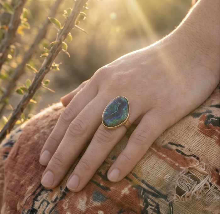 Authentic Parrot's Wing Chrysocolla 18K Gold over .925 Sterling Silver handcrafted ring size 8 adjustable - Close-up of Parrot's Wing Chrysocolla ring worn on hand in sunlight.