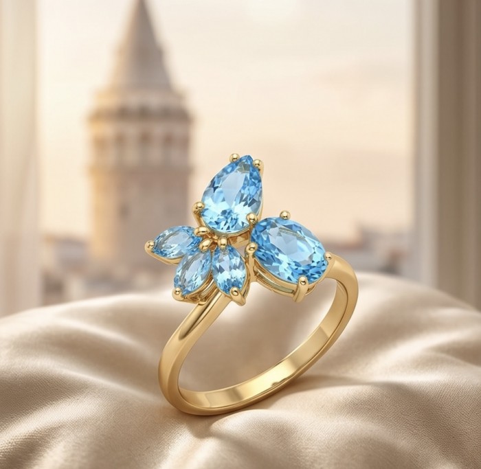 Pacifica 6.8 carat Swiss Blue Topaz 22K Gold over .925 Sterling Silver handcrafted ring size 8 - Gold ring with Swiss Blue Topaz stones against a soft background.