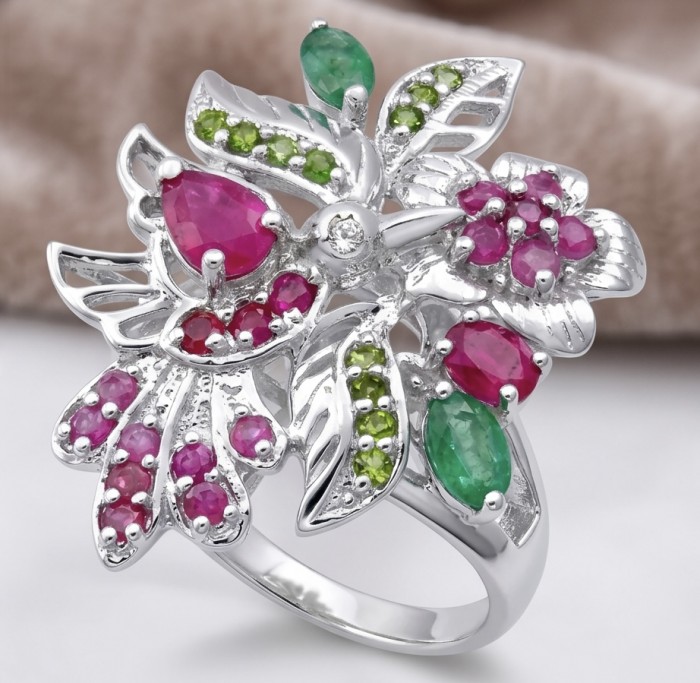 Blooming Garden 9.8 carat Mozambique Ruby Emerald rhodium over .925 Sterling Silver handmade Statement Ring size 9 - Close-up of Blooming Garden ring with rubies and emeralds