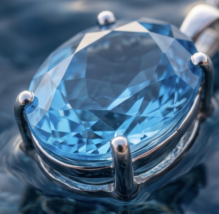 Vintage style 39.8 carat Swiss Blue Topaz .925 Sterling Silver DIPPED IN RHODIUM handmade Pendant - Close-up of vintage Swiss Blue Topaz in sterling silver setting