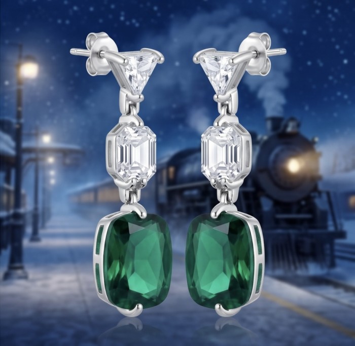 Giovanna- Authentic 8.5 CARAT natural Colombian Emerald .925 Sterling Silver handcrafted Statement earrings - Emerald earrings front view with snowy train station background