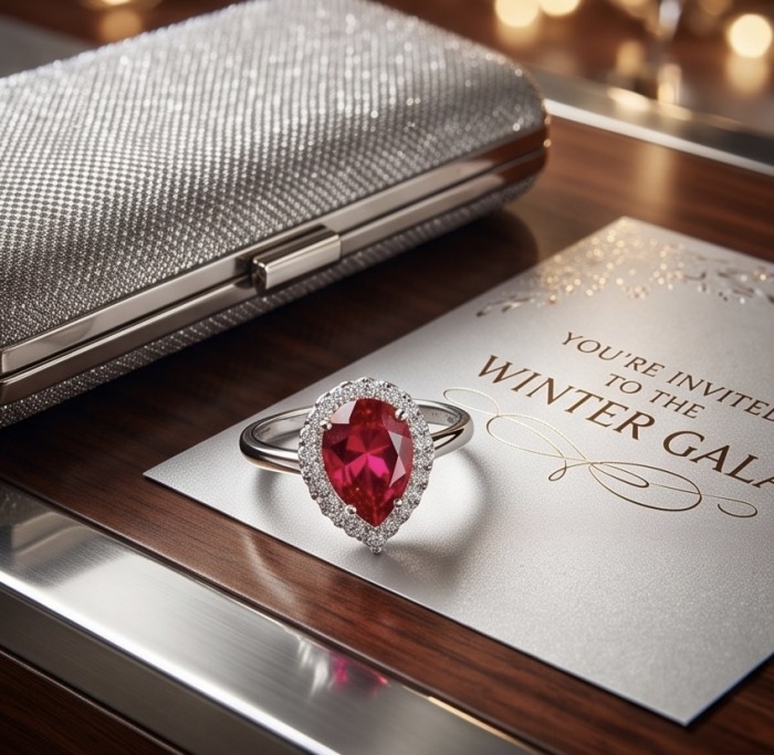 Giuseppina - Magnificent 4.7 carat authentic Ruby rhodium over .925 Sterling Silver handcrafted Statement Ring size 8 - Ruby ring on invitation, angled to show stone and setting detail