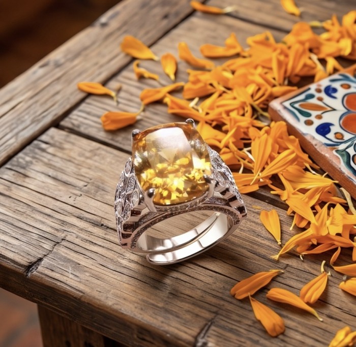Authentic oval cut 9.2 carat Golden Topaz 14K White Gold over .925 Sterling Silver ring s. 7 - Golden Topaz ring on wood with marigold petals, top view.