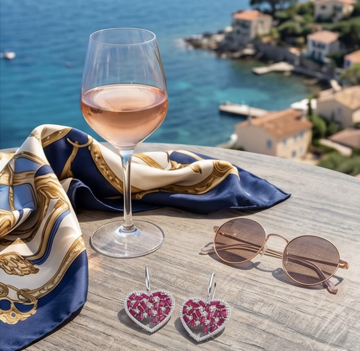 Precious Hearts - authentic 12.5 carat Mozambique Ruby .925 Sterling Silver dipped in rhodium handcrafted Statement Earrings - Rozé by the sea with Precious Hearts Ruby earrings, table view