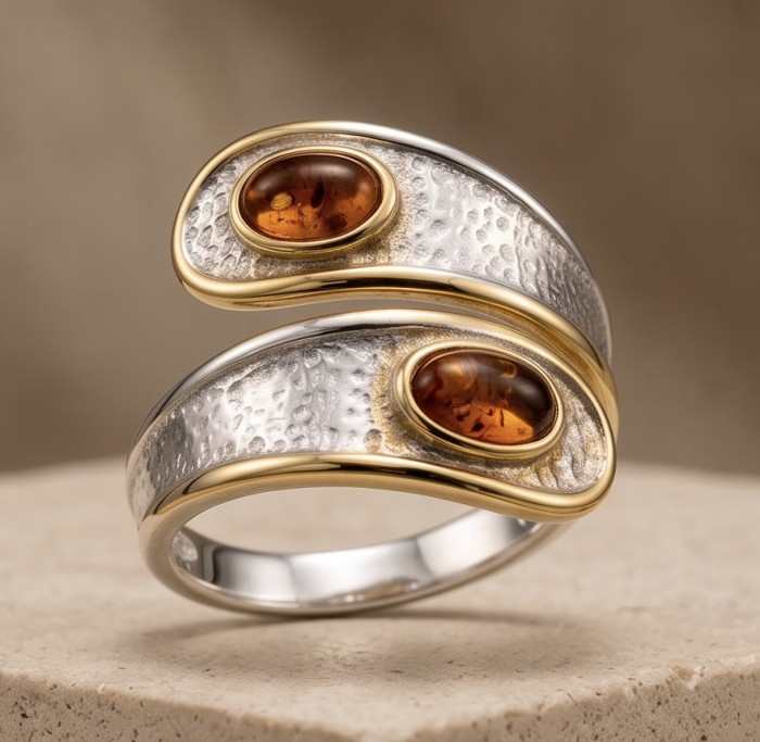 Vintage Style Authentic Golden Baltic Amber 18K Gold over .925 Sterling Silver entirely handcrafted ring; s. 6 - Close-up of vintage style Baltic amber ring with gold accents