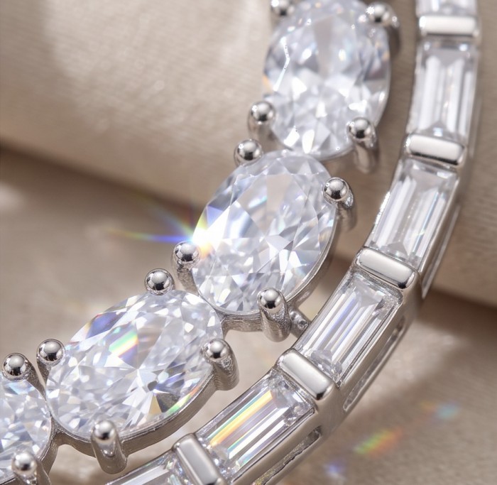 Elizabeth Natural 5.2 carat Moissanite .925 Sterling Silver handcrafted earrings - Close-up of Elizabeth Moissanite stones in .925 Sterling Silver setting