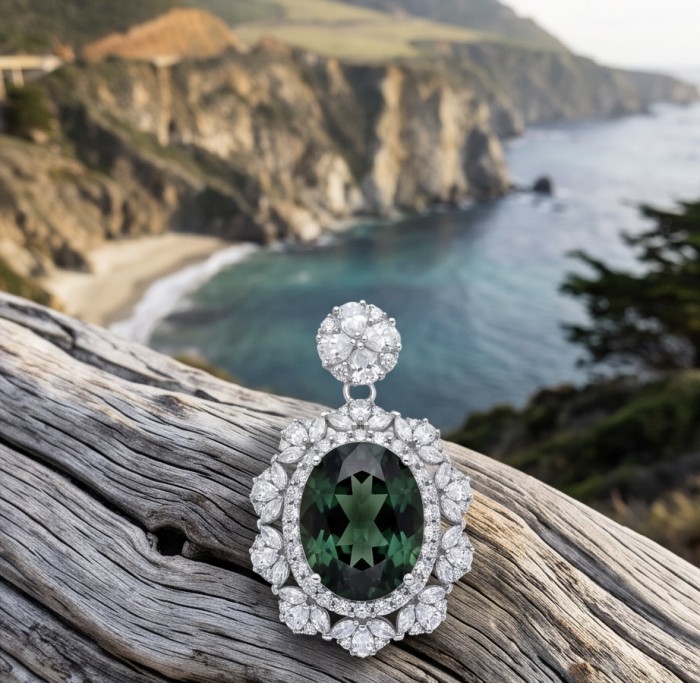 Tiffany Incredible oval cut 20.4 carat Tsavorite Garnet .925 Sterling Silver handcrafted pendant - Front view of Tiffany Tsavorite Garnet pendant on driftwood beach backdrop