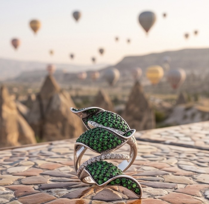 Precious pave authentic 10.2 carat Emerald .925 Sterling Silver Ring size 7 - Emerald-studded ring with hot air balloons in the background