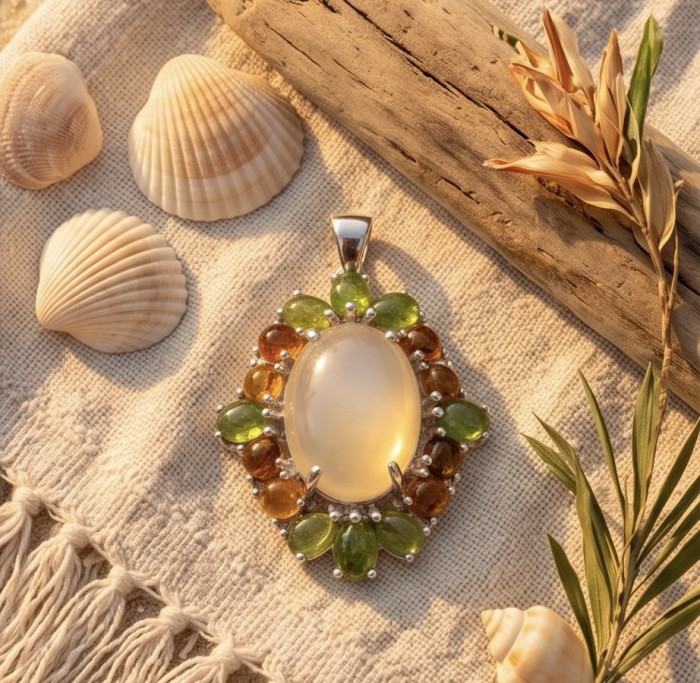 Angelina - Top quality 18.9 carat Brazilian Rose Quartz .925 Sterling Silver dipped in rhodium Handcrafted pendant - Pendant close-up with seashells and driftwood in natural light.