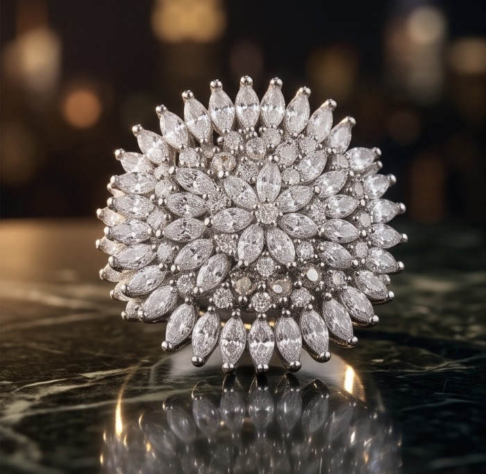Real Beauty - 8.5 carat White Topaz .925 Sterling Silver Handcrafted Statement Ring size 7 3/4 - Front view of 8.5 carat white topaz sterling silver ring on display.