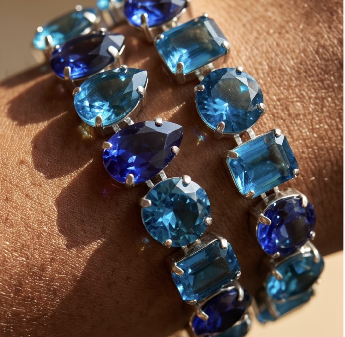 Nautilius 45.5 carat genuine Swiss Blue Topaz rhodium over .925 Sterling Silver handmade Statement Bracelet - Close-up of Nautilus Swiss Blue Topaz bracelet worn on wrist