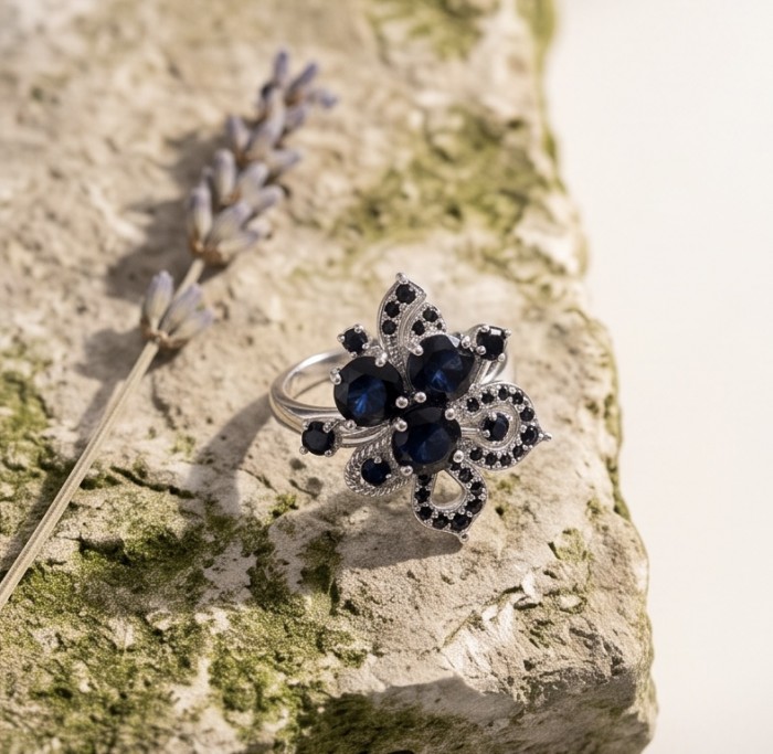 Vintage Style 12.7 carat Sapphire Rhodium over .925 Sterling Silver handcrafted ring size 8 - Close-up of vintage-style sapphire ring on a stone surface.