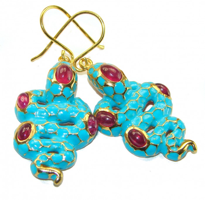 Blue Snakes Ruby turquoise Enamel 18K Gold over .925 Sterling Silver handcrafted earrings - photo 2