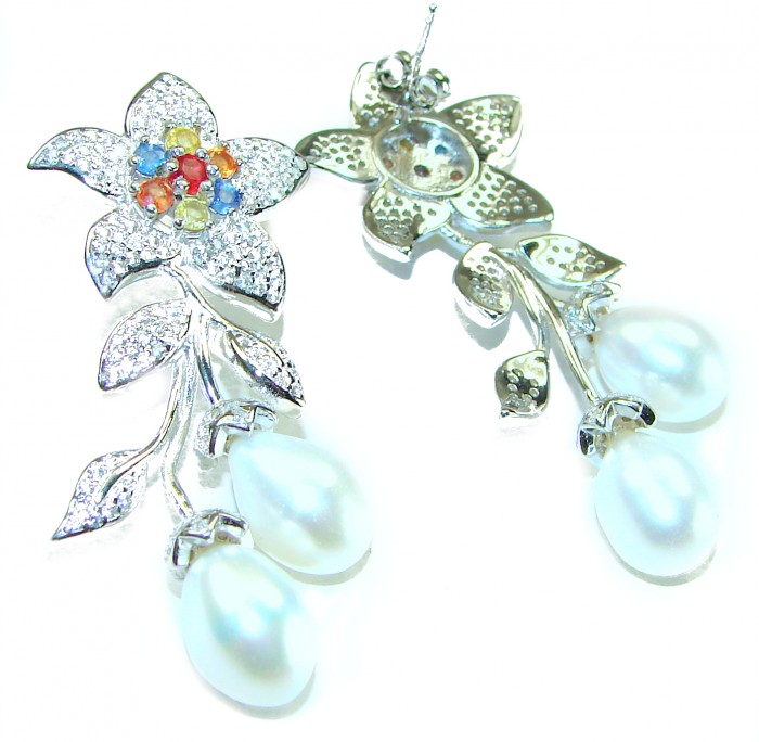 Precious white freshwater Pearl multicolor Sapphire .925 Sterling Silver handcrafted earrings - photo 1