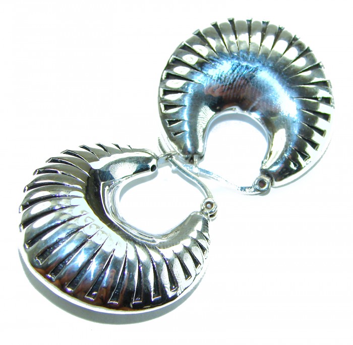 Highly Polished Fancy Modern design .925 Sterling Silver Italy made Earrings - Highly polished silver earrings, top view, showing design details