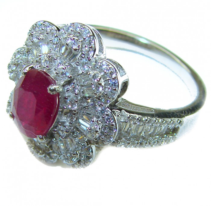 Art Deco Natural 3.5 carat Ruby .925 Sterling Silver handmade Statement Ring size 8 - Close-up of Art Deco ruby ring with diamond accents in sterling silver.