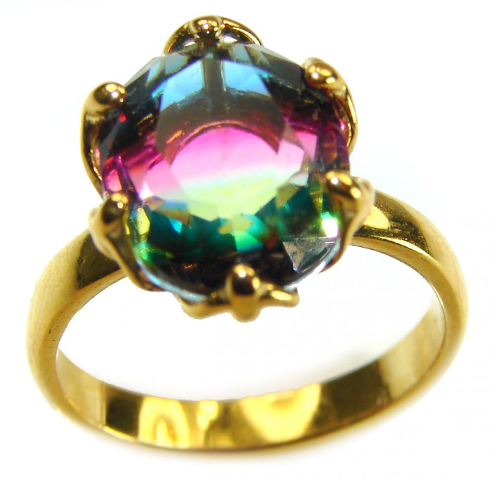 7.8 carat Brazilian Tourmaline .925 Sterling Silver dipped in 18K GOLD Perfectly handcrafted Ring s. 6 1/4 - Rainbow Tourmaline ring close-up, gold setting, showcasing vibrant gem
