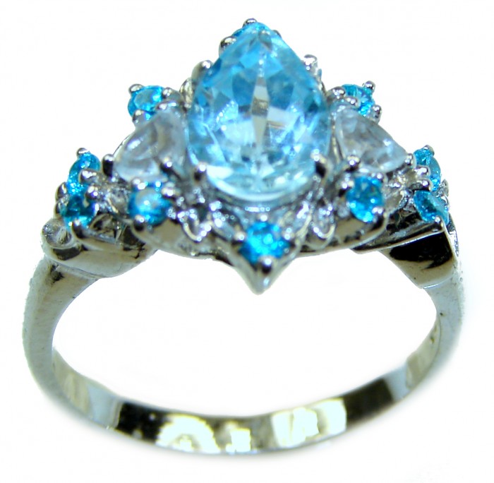 Gabriella - Luxurious 9.5 carat Swiss Blue Topaz .925 Sterling Silver handcrafted Cocktail Ring s. 8 - Elegant Swiss Blue Topaz ring, 9.5 carat, front angle view.