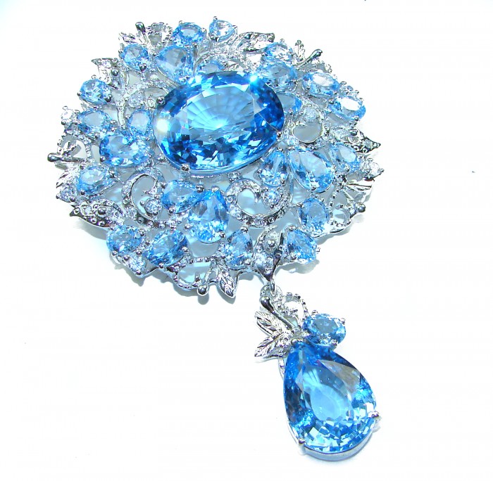 An exuberantly Large 75.5 grams Vintage style Swiss Blue Topaz .925 Sterling Silver DIPPED IN RHODIUM handmade LARGE Pendant - Brooch - Vintage Swiss Blue Topaz brooch, close-up, showing stones and detail