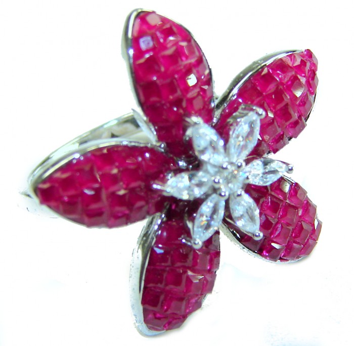 Born to Glam authentic 10.2 carat Ruby .925 Silver handcrafted Eternity Ring s. 6 1/4 - Ruby flower ring close-up, showcasing intricate gemstone details