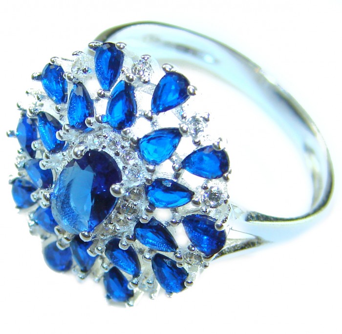 Genuine 10.2 CARAT Sapphire .925 Sterling Silver Large Statement Ring size 7 3/4 - Close-up of sapphire and sterling silver ring with intricate design