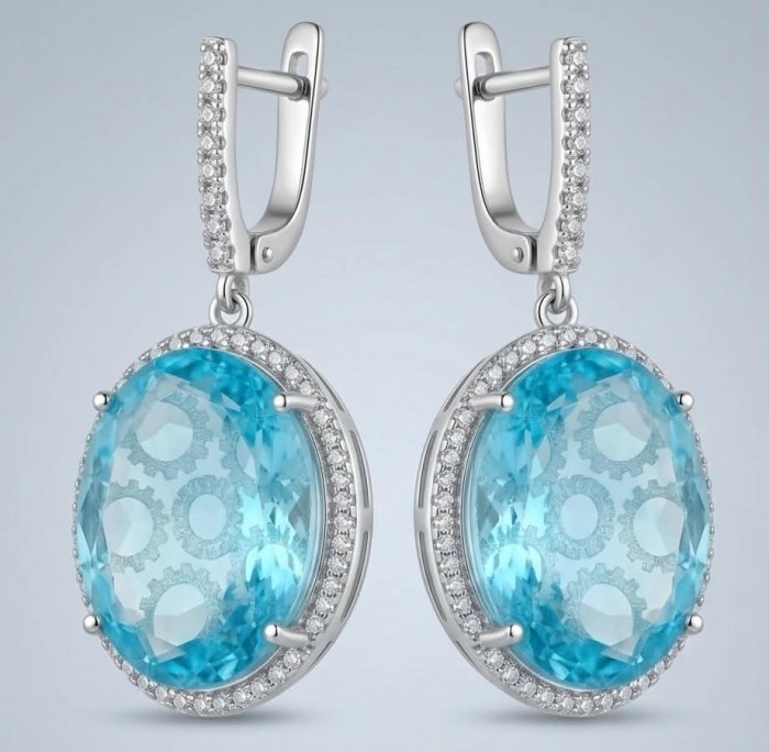 Angelina 20.9 carat authentic Aquamarine .925 Sterling Silver Handcrafted Earrings - Close-up of Angelina aquamarine earrings in sterling silver.