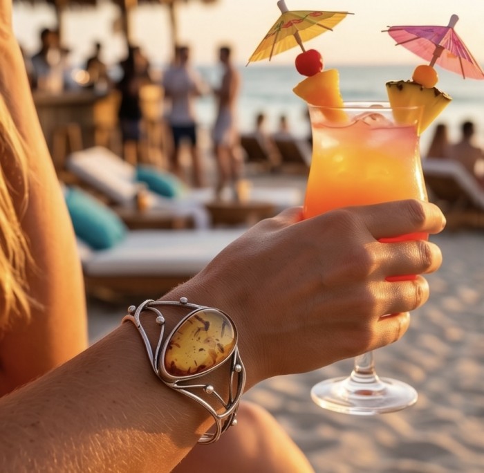 Vintage Design Genuine the best QUALITY Baltic Amber .925 Sterling Silver handamde Bracelet / Cuff - Baltic amber bracelet worn on hand holding a tropical cocktail at the beach