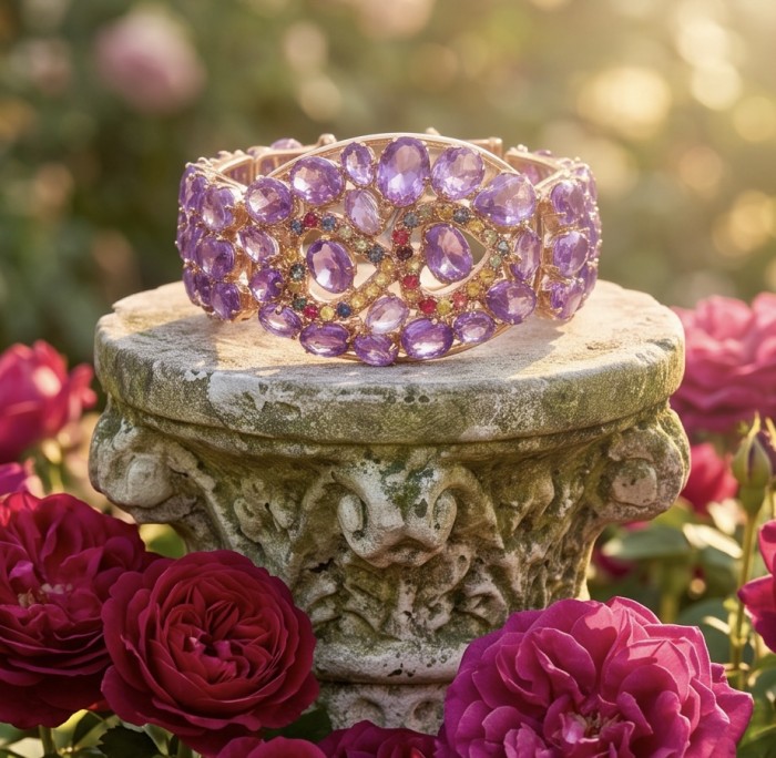 The Legend Authentic 71.2 carat Amethyst from Uruguay 18K Rose Gold over .925 Sterling Silver handmade Bracelet - Amethyst bracelet displayed on a stone pedestal surrounded by roses