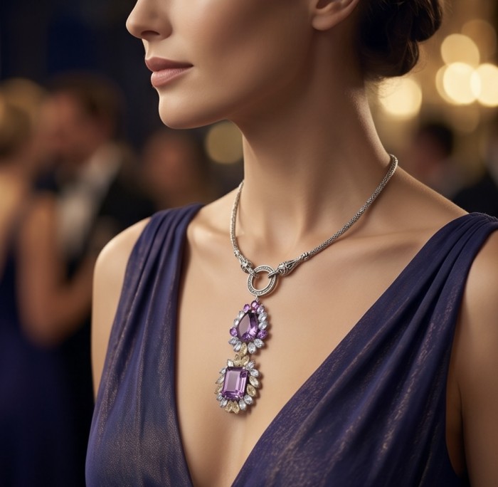 Dolce Vita - Precious Natural 76.5 carat Amethyst from Uruguay Rhodium over .925 Sterling Silver handcrafted Necklace - Worn amethyst necklace, close-up on neckline, elegant setting.