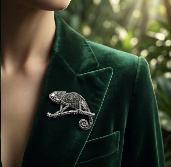 Spectacular - Big Chameleon Lizard Marcasite .925 Sterling Silver handmade Brooch - Chameleon brooch on green velvet blazer, side view