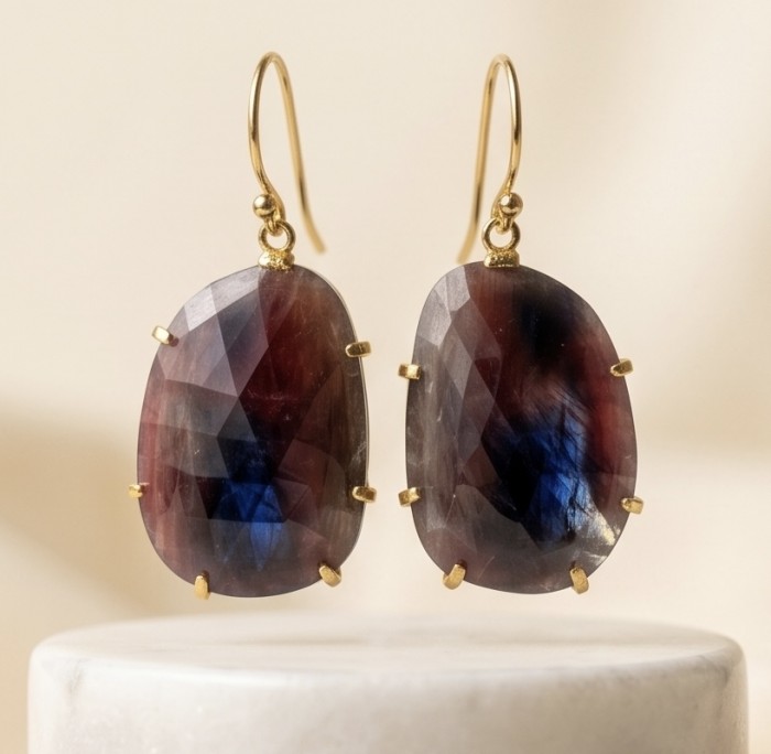 Bella Rosa Genuine 15.8 carat Ruby .925 Sterling Silver dipped in Gold Statement brilliantly handcrafted earrings - Front view of Bella Rosa ruby earrings with gold clasps.
