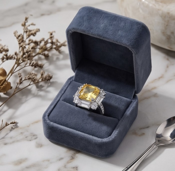 Art Deco - Luxurious assher cut 15.7 carat Yellow Sapphire 18K Gold over .925 Sterling Silver handcrafted Ring s. 7 1/2 - Yellow sapphire ring in a blue velvet box, top view on marble surface.