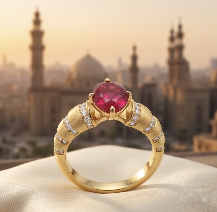 Born to Glam authentic 4.2 carat Ruby 22K Gold over .925 Silver handcrafted Ring s. 9 - Ruby ring side view with gold and diamond accents, cityscape background