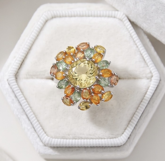 Mademoiselle - 25.7 carat Brazilian Citrine orange Sapphire rhodium over .925 Sterling Silver handcrafted Ring size 7 - Top view of Mademoiselle ring with citrine and sapphire stones.