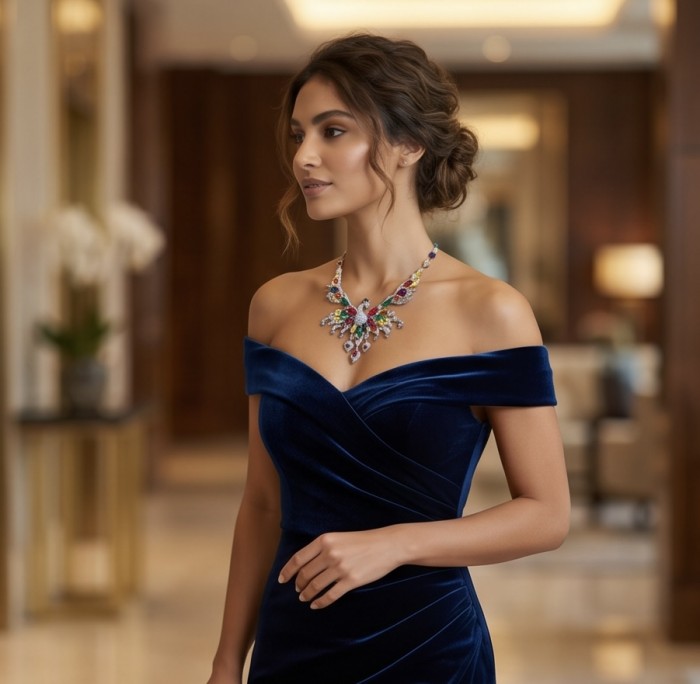55.2 carat Graceful Swan Natural multicolot Topaz .925 Sterling Silver handcrafted Statement necklace - Woman wearing 55.2 carat Graceful Swan multicolor topaz necklace, side view