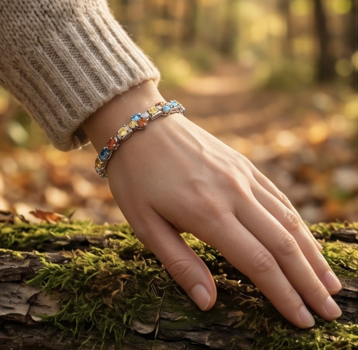 Gabriella 22.2 carat authentic multicolor Sapphire rhodium over .925 Sterling Silver handcrafted Statement Bracelet - Worn on hand, multicolor Sapphire bracelet in outdoor setting.