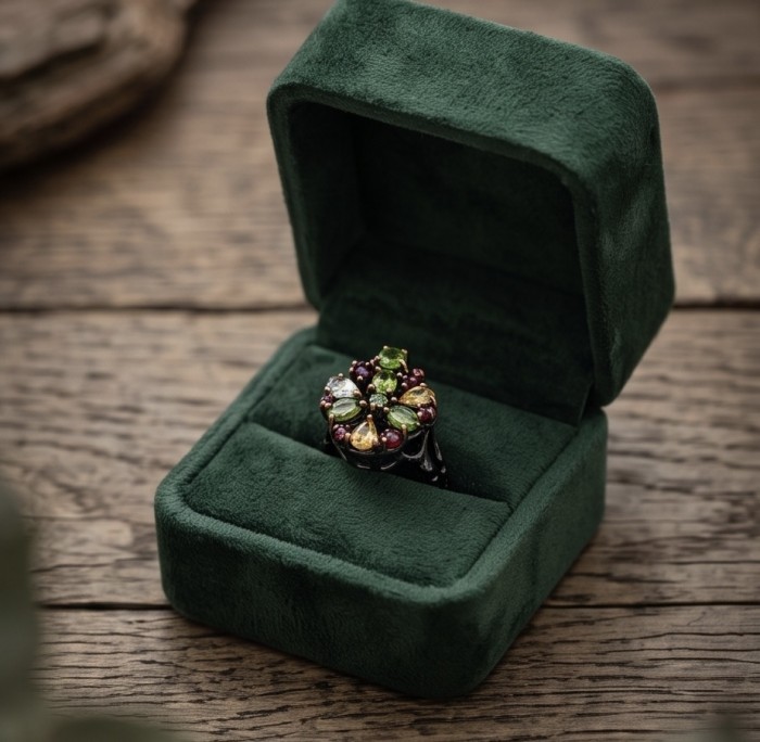 Fiesta Authentic 14.5 carat Multigem .925 Sterling Silver dipped in black rhodium brilliantly handcrafted Ring size 6 - Fiesta multigem ring in open green box on wooden surface.