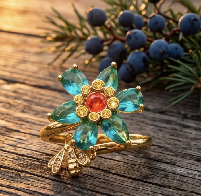 Spinning flower 6.5 carat genuine Green Topaz 14K Gold over .925 Sterling Silver handmade Statement Ring size 8 - Close-up of spinning flower ring with green topaz and gold bee detail.