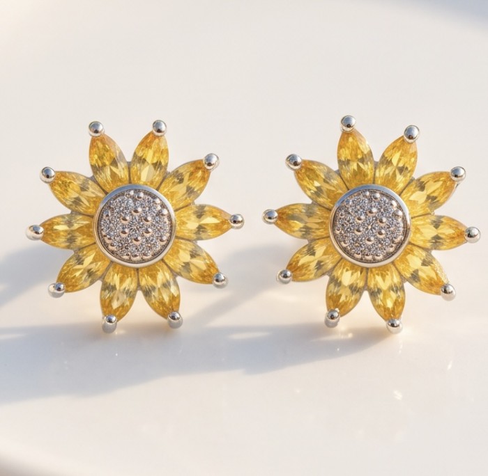 Vivien - Natural 2.2 carat yellow Sapphire .925 Sterling Silver dipped in rhodium handmade earrings - Sunflower earrings front view with yellow sapphires and sterling silver.