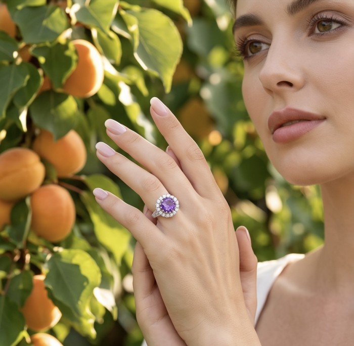 Born to Glam 8.2 carat natural Amethyst .925 Sterling Silver dipped in rhodium Perfectly handcrafted Ring s. 7 - Woman wearing Born to Glam 8.2 carat amethyst ring on hand near apricots.