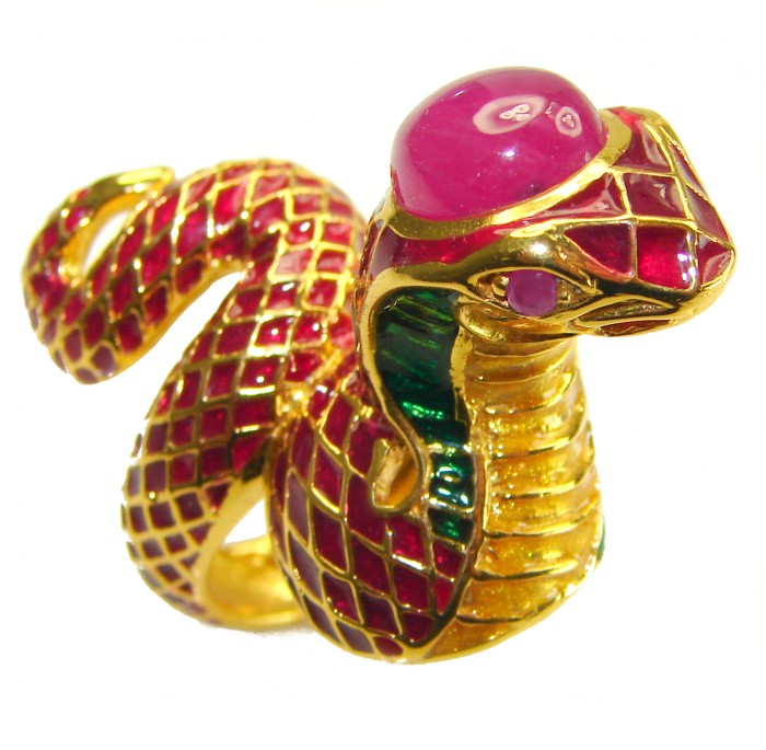 Red Cobra Snake Ruby Enamel 18K Gold over .925 Sterling Silver Huge handcrafted Ring s. 7 - photo 5