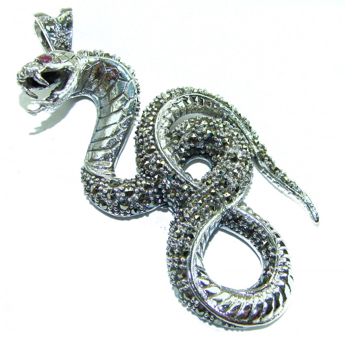 Large 2 5/8 inches long Cobra Snake genuine Marcasite .925 Sterling Silver handmade Pendant - Cobra snake pendant, marcasite detail, top view.