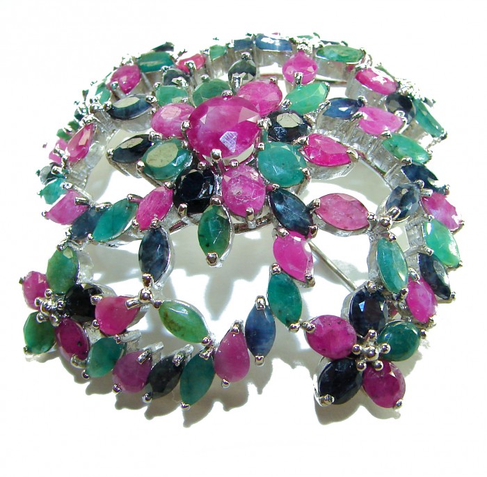 Heirloom Genuine 65.5 carat Kasmir Ruby Emerald Sapphire .925 Sterling Silver handmade Pendant - Brooch - Colorful gemstone brooch front view with rubies, emeralds, and sapphires.