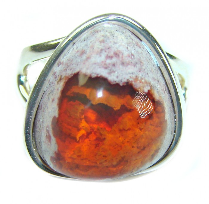 Inner Fire best quality 10.4 carat Mexican Opal .925 Sterling Silver handmade ring 7 - Close-up of 10.4 carat Mexican Opal ring with sterling silver band.