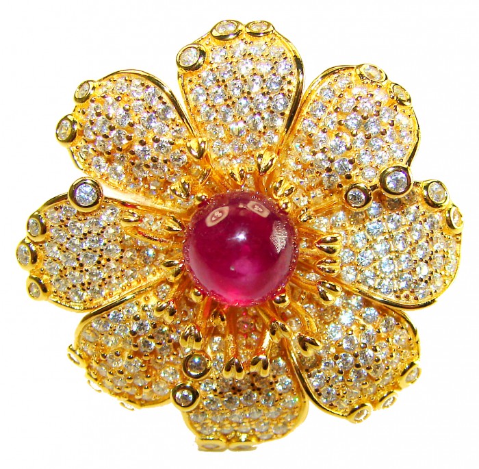 Bella Rosa Natural 28.4 carat Ruby White Sapphire 22K Gold over .925 Sterling Silver handmade Large Statement Ring size 6 1/4 - Close-up of Bella Rosa Ruby and White Sapphire gold flower brooch