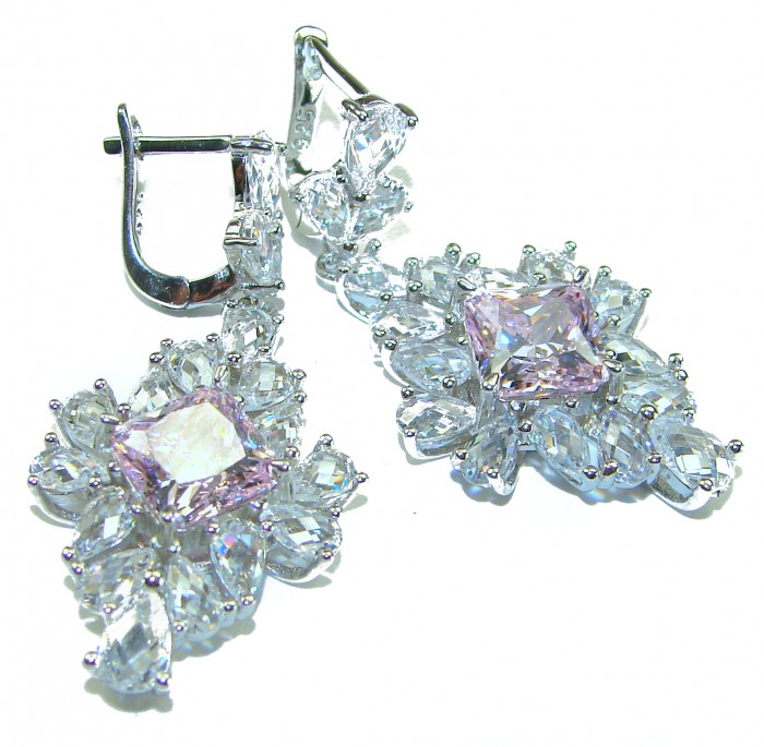 Isabella - Light Pastel 14.9 carat Kunzite .925 Sterling Silver handcrafted earrings - Close-up of Isabella earrings with kunzite stones and .925 sterling silver.